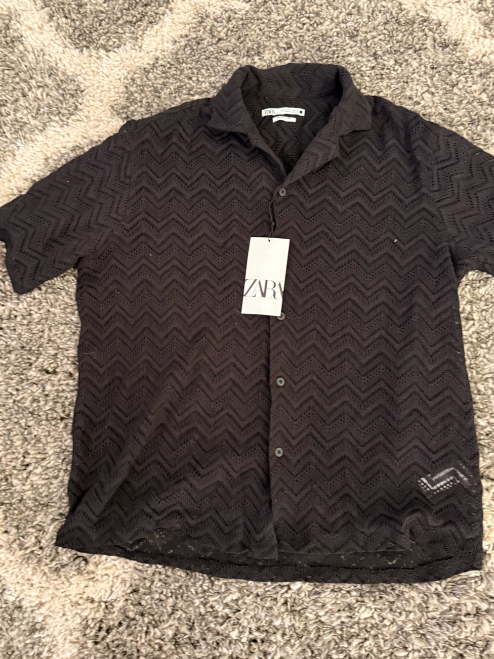 Zara Black Chevron Openwork Button-Up Top